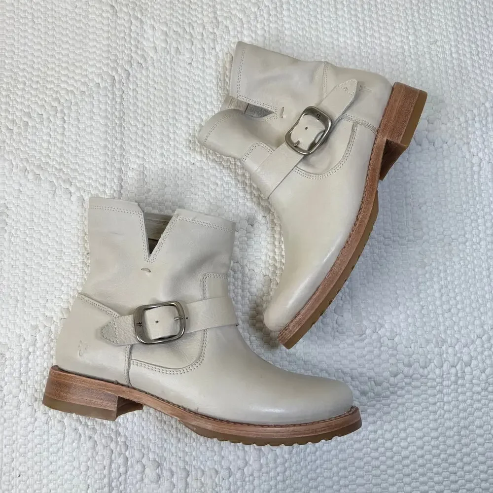 NEW FRYE Veronica Moto Boots Women’s Size 7 White Leather Buckle Booties $278 - Picture 2 of 7